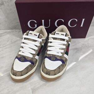 Gucci GG Supreme Low Top Sneakers - Beige with Green/Red Stripe & Purple Accents